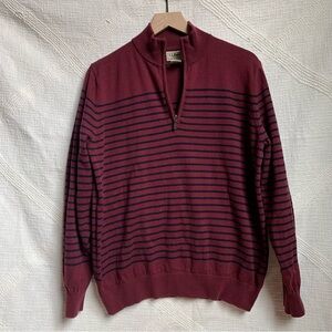 LL Bean Burgundy Navy Striped Cotton & Cashmere Quarter Zip Pull Over Sweater M